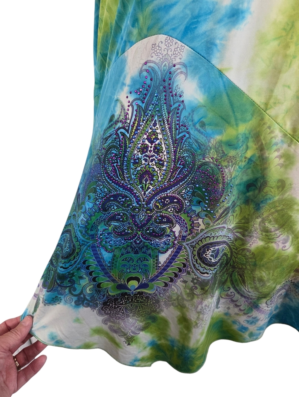 One World Green Blue White Flutter Sleeve Handkerchief Hemline Lined Blouse 1X - Picture 4 of 12